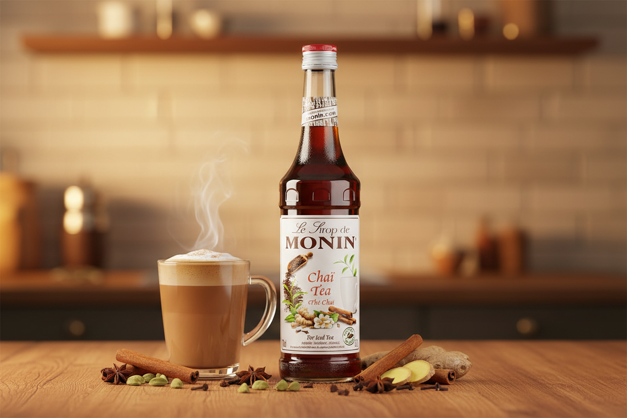 Monin Chai Tea syrup bottle with a steaming cup of chai on a wooden surface.