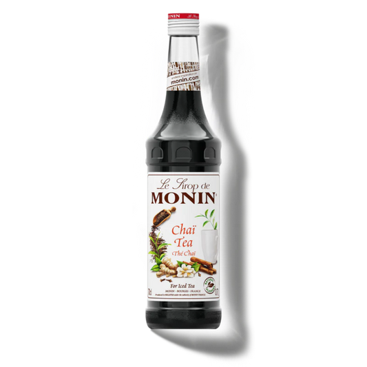 Monin Chai Tea syrup bottle on a white background
