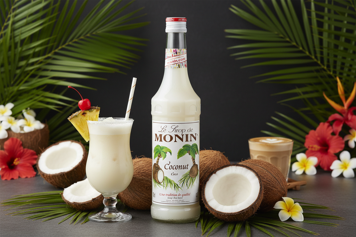 Monin Coconut syrup bottle with a coconut drink and coconuts on a decorative background