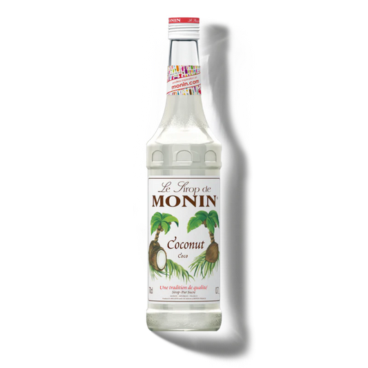 Monin coconut syrup bottle on a white background