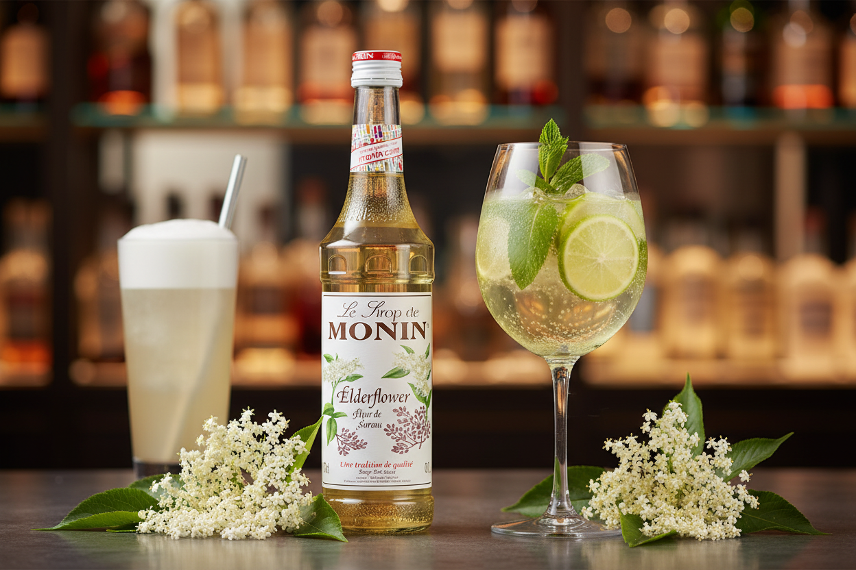 Monin Elderflower syrup bottle with a cocktail and a glass of elderflower drink on a bar counter.