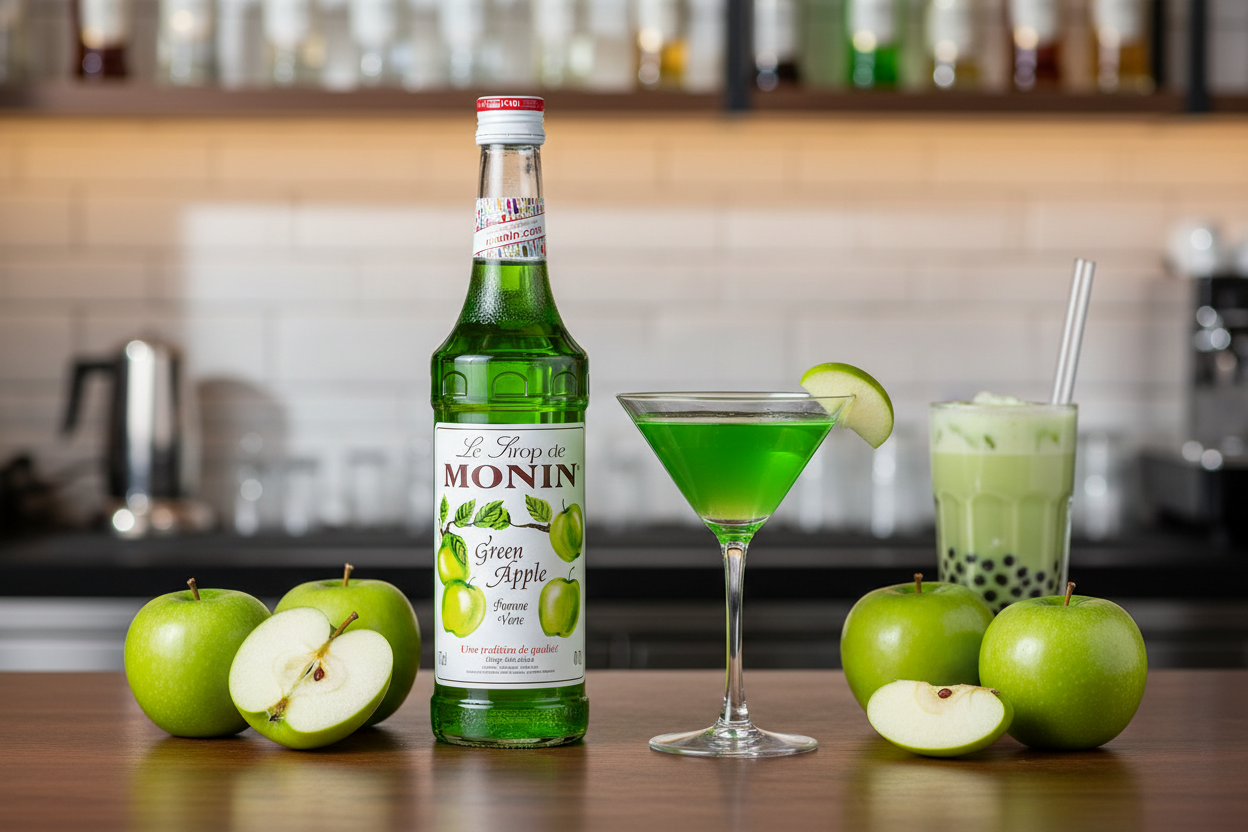 Monin Green Apple Syrup 700ml - Premium French green apple flavoring syrup with authentic crisp tart Granny Smith apple flavor for Appletini cocktails, bubble tea, mocktails, and refreshing beverages. Professional quality for bars, bubble tea shops, cafes, and restaurants in Nepal. Delivery across Nepal.