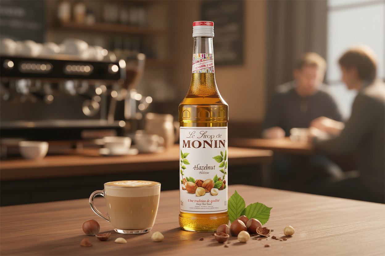 Monin Hazelnut Syrup 1L glass bottle luxurious golden rich nutty hazelnut premium French syrup hazelnut latte cappuccino coffee drinks Nepal wholesale Kathmandu HORECA coffee shops cafes barista