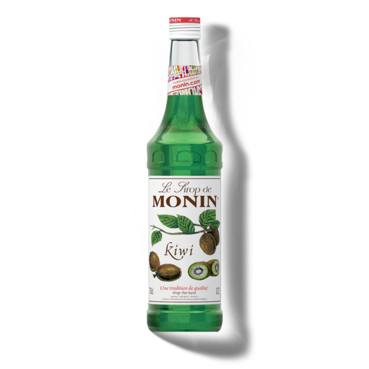 Green bottle of Monin kiwi syrup on a white background