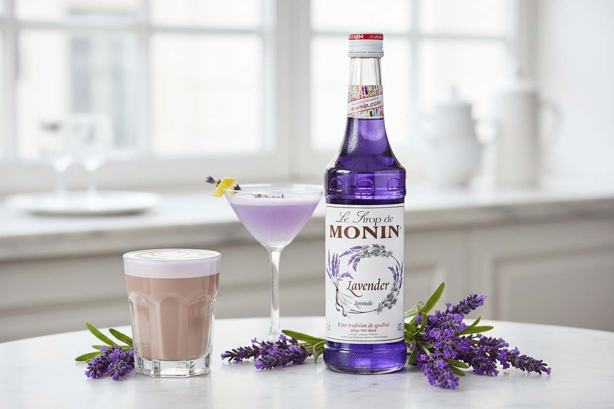 Monin Lavender syrup bottle on a white background