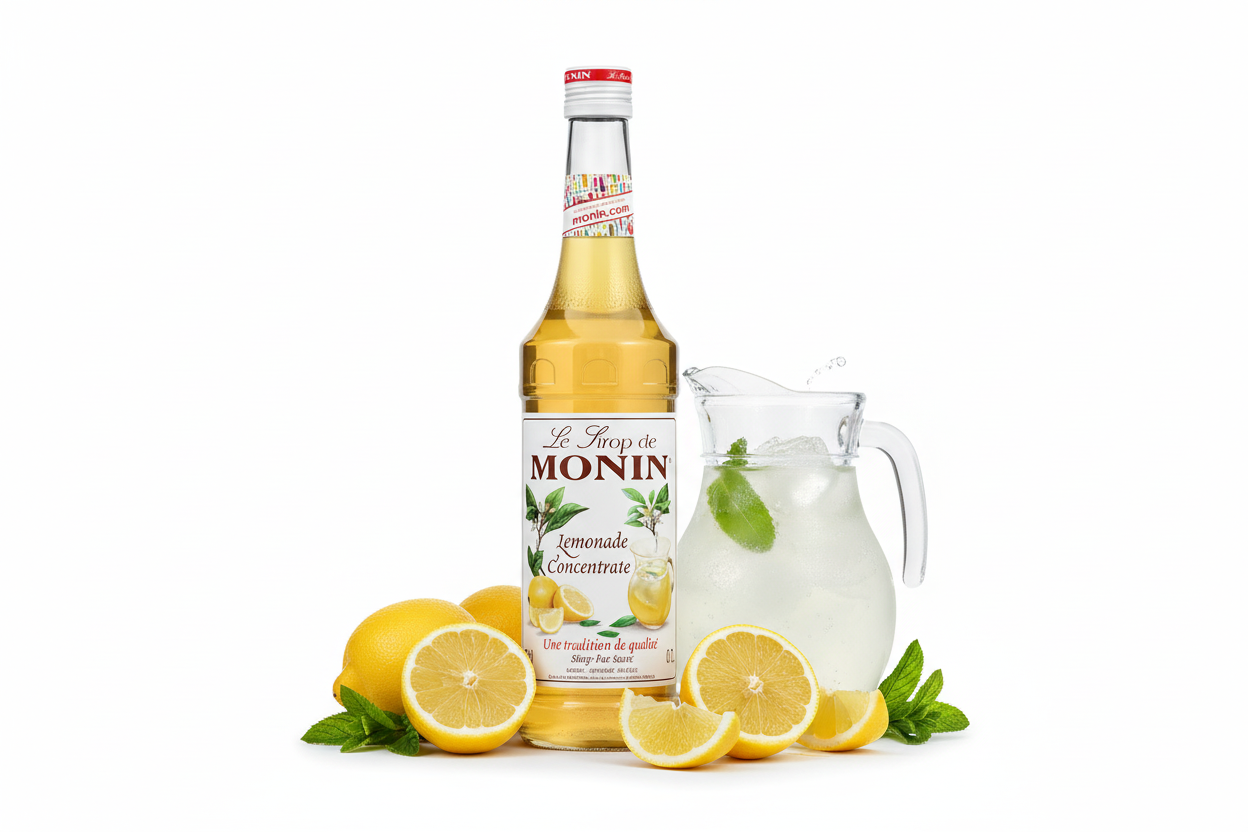 Monin Lemonade Concentrate 700ml glass bottle pale yellow lemon concentrate premium French concentrate sharp citrus delicate sweetness instant lemonade cocktails sodas granitas Nepal wholesale Kathmandu HORECA cafes juice bars restaurants