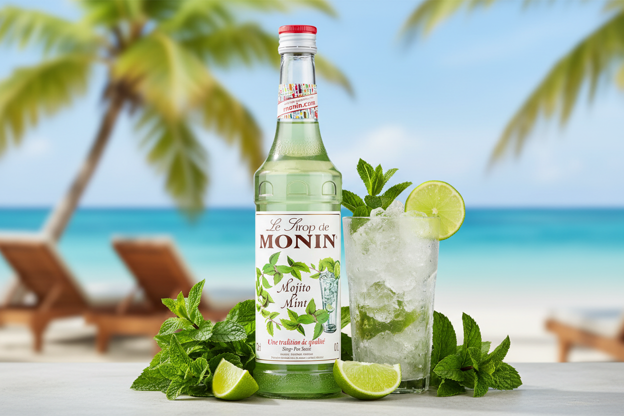 Monin Mojito Mint Syrup 1L glass bottle fresh mint lime mojito premium French syrup classic mojito cocktails virgin mocktails bar essential Nepal wholesale Kathmandu HORECA bars beach clubs poolside