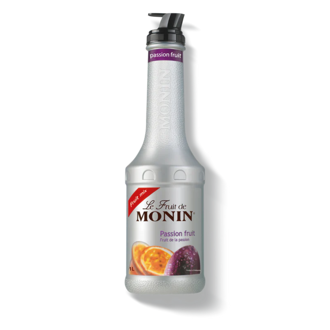  Monin Passion Fruit Fruit Mix 1L glass bottle vibrant golden yellow tropical fruit puree natural exotic concentrate fresh passion fruits cocktails smoothies iced teas mocktails desserts Nepal wholesale Kathmandu HORECA cocktail bars cafes restaurants hotels