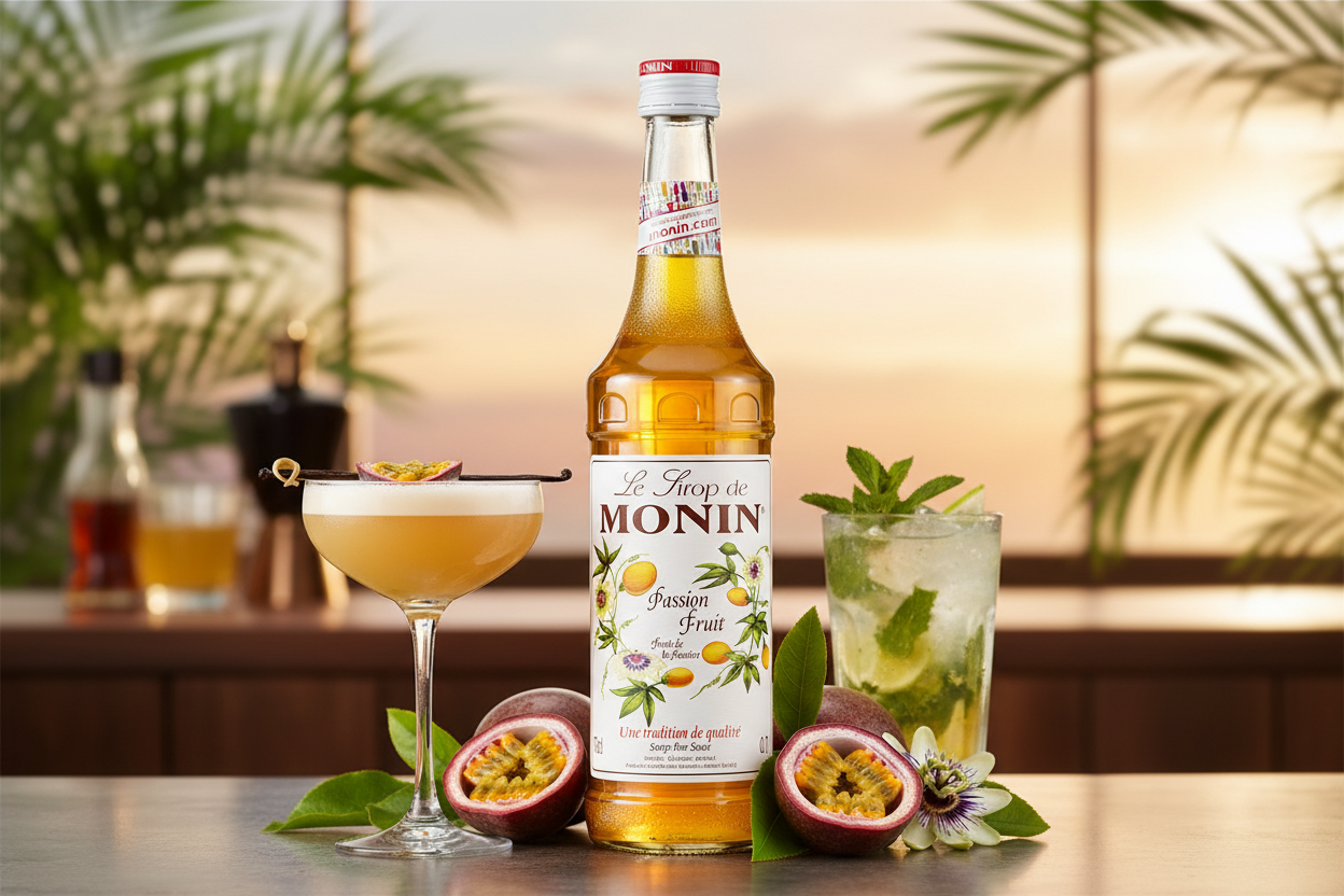 Monin syrup bottle with cocktails and passion fruits on a table with a blurred background