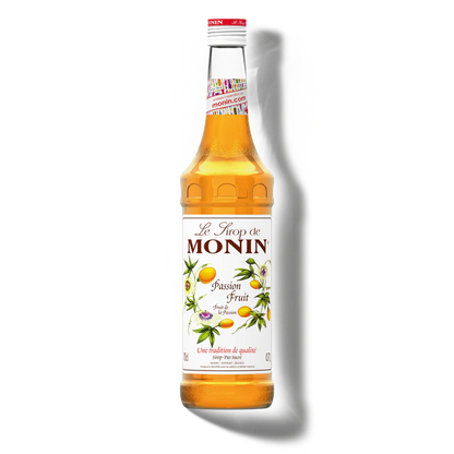 Monin passion fruit syrup bottle on a white background