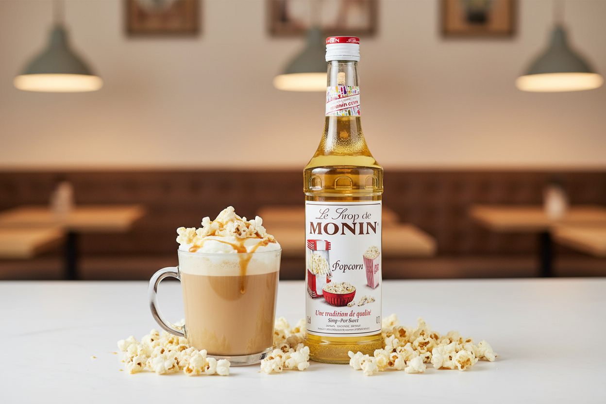 Monin Popcorn Syrup 700ml glass bottle light golden amber buttery roasted popcorn premium French novelty syrup popcorn lattes milkshakes hot chocolate dessert drinks Nepal wholesale Kathmandu HORECA specialty cafes trendy bars