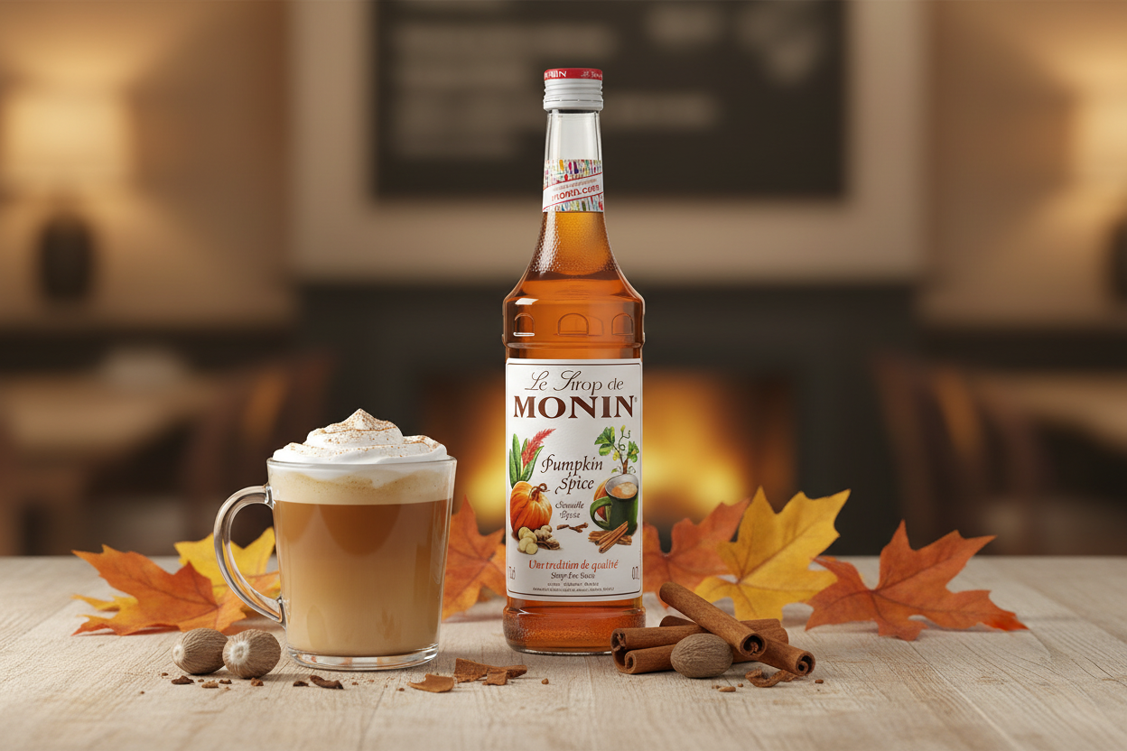 Bottle of Monin Pumpkin Spice syrup with a cup of coffee and autumn leaves on a wooden table.