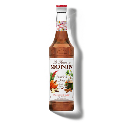 Monin Pumpkin Spice syrup bottle on a white background