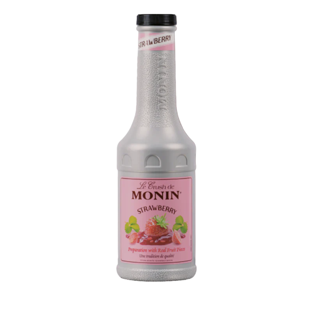 Monin Strawberry Crush 1L glass bottle vibrant pink red strawberry concentrate natural fruit mix fresh strawberries smoothies milkshakes lemonades iced teas cocktails mocktails dessert toppings Nepal wholesale Kathmandu HORECA cafes smoothie bars coffee shops restaurants