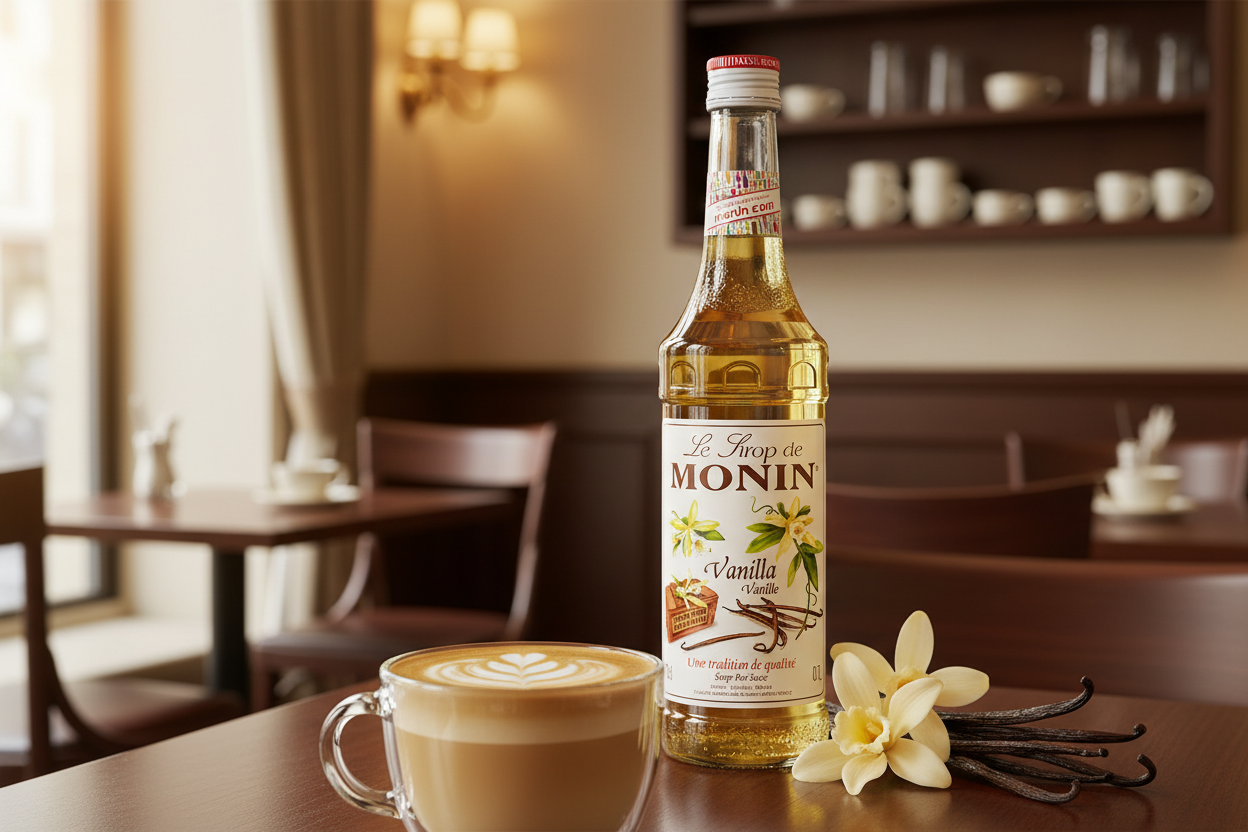 Monin Vanilla Syrup 1L glass bottle clear golden smooth creamy Madagascar vanilla premium French syrup vanilla latte cappuccino coffee drinks Nepal wholesale Kathmandu HORECA coffee shops cafes barista