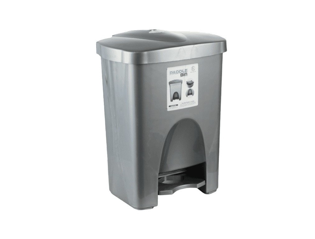 Paddle dustbin with foot pedal mechanism for hands-free waste disposal in homes offices and commercial spaces