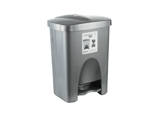 Paddle dustbin with foot pedal mechanism for hands-free waste disposal in homes offices and commercial spaces