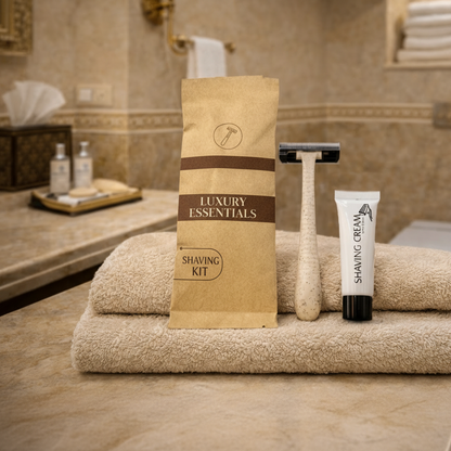 Shaving kit with razor, cream, and towel on a bathroom counter
