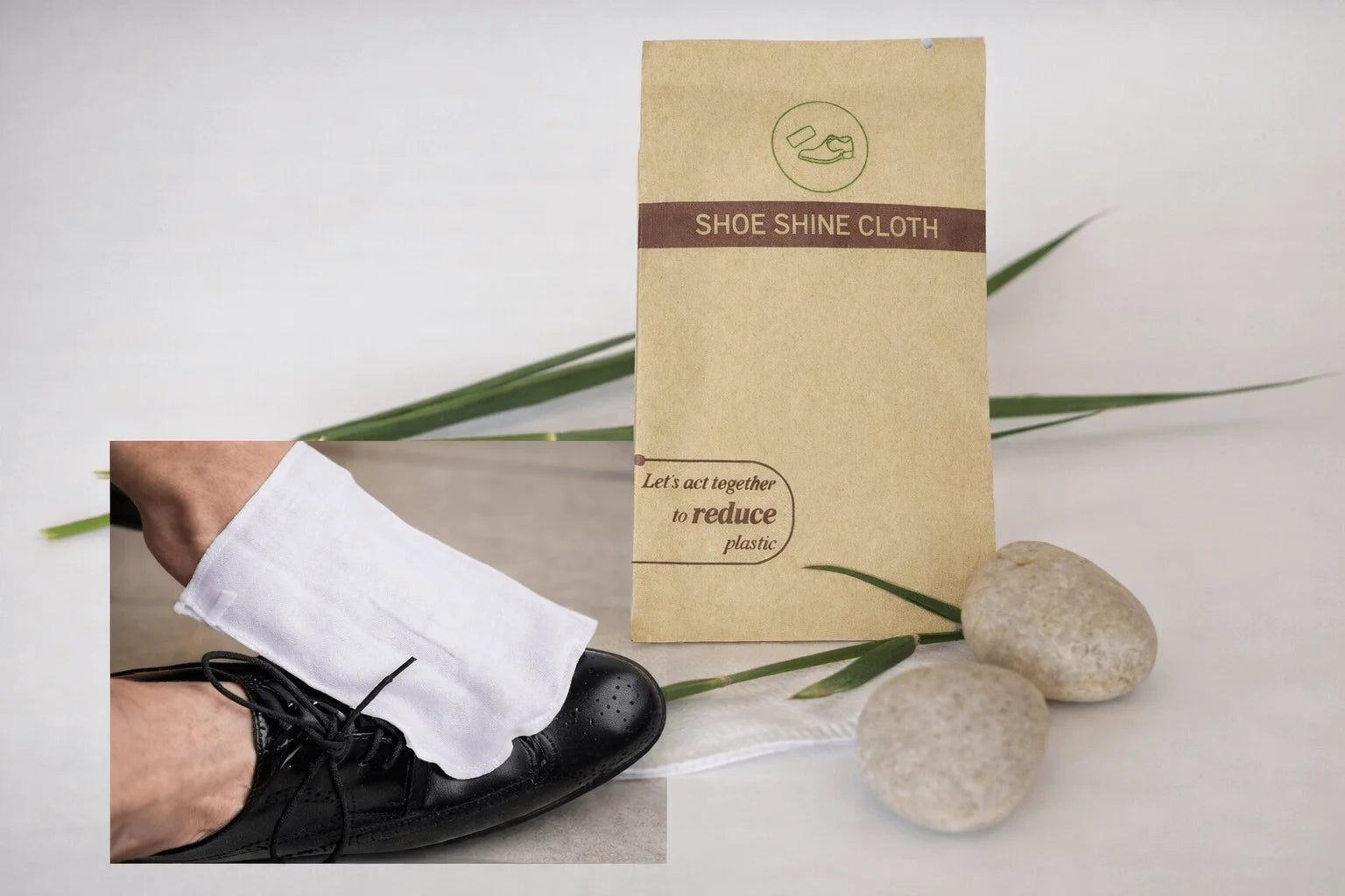 Shoe shine cloth packaging with stones and a close-up of a shoe being shined.