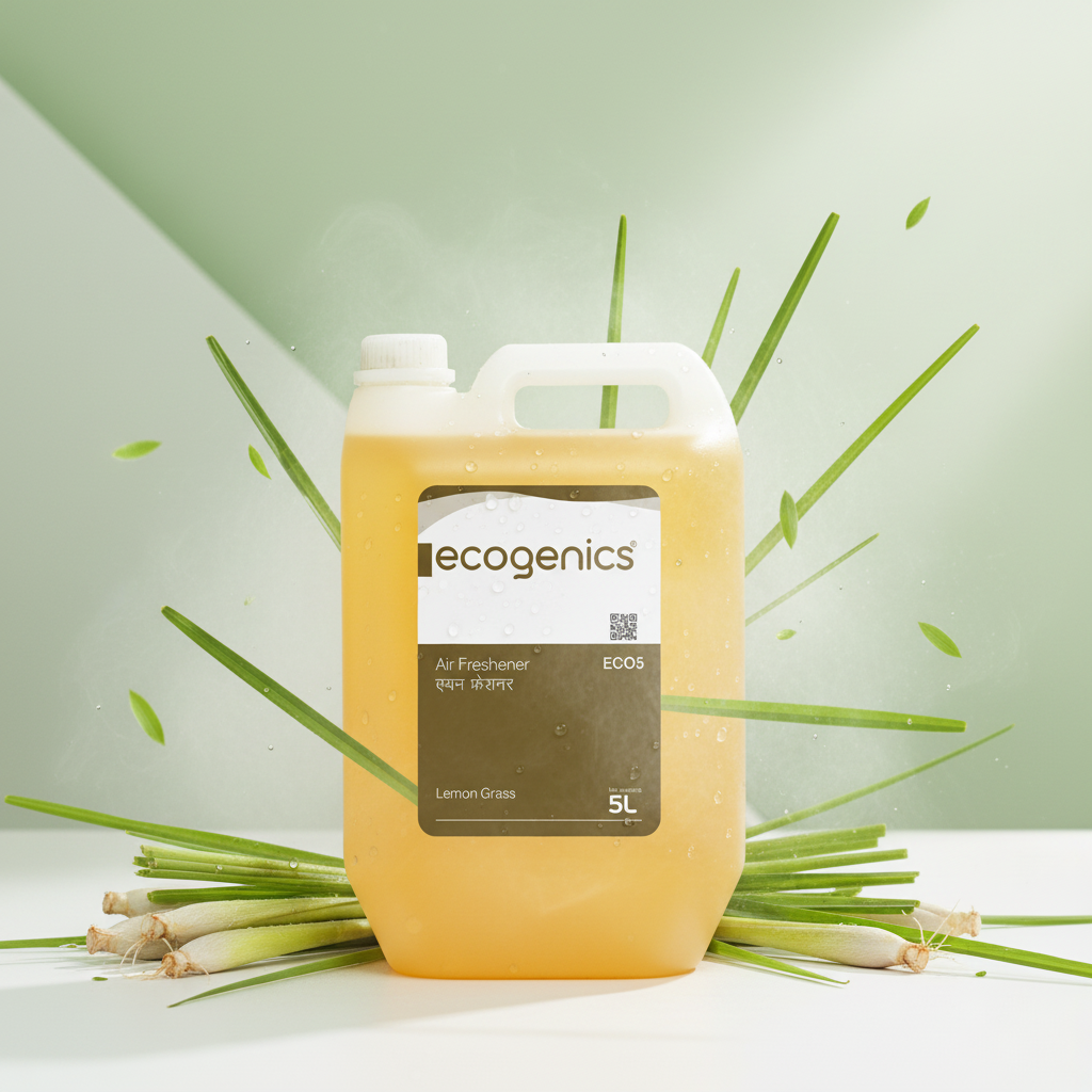 Spraying Ecogenics lemongrass air freshener in hotel lobby office home Nepal