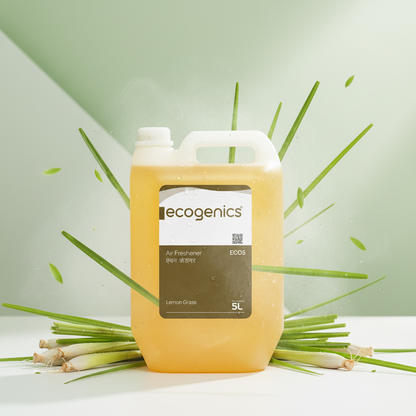 Spraying Ecogenics lemongrass air freshener in hotel lobby office home Nepal
