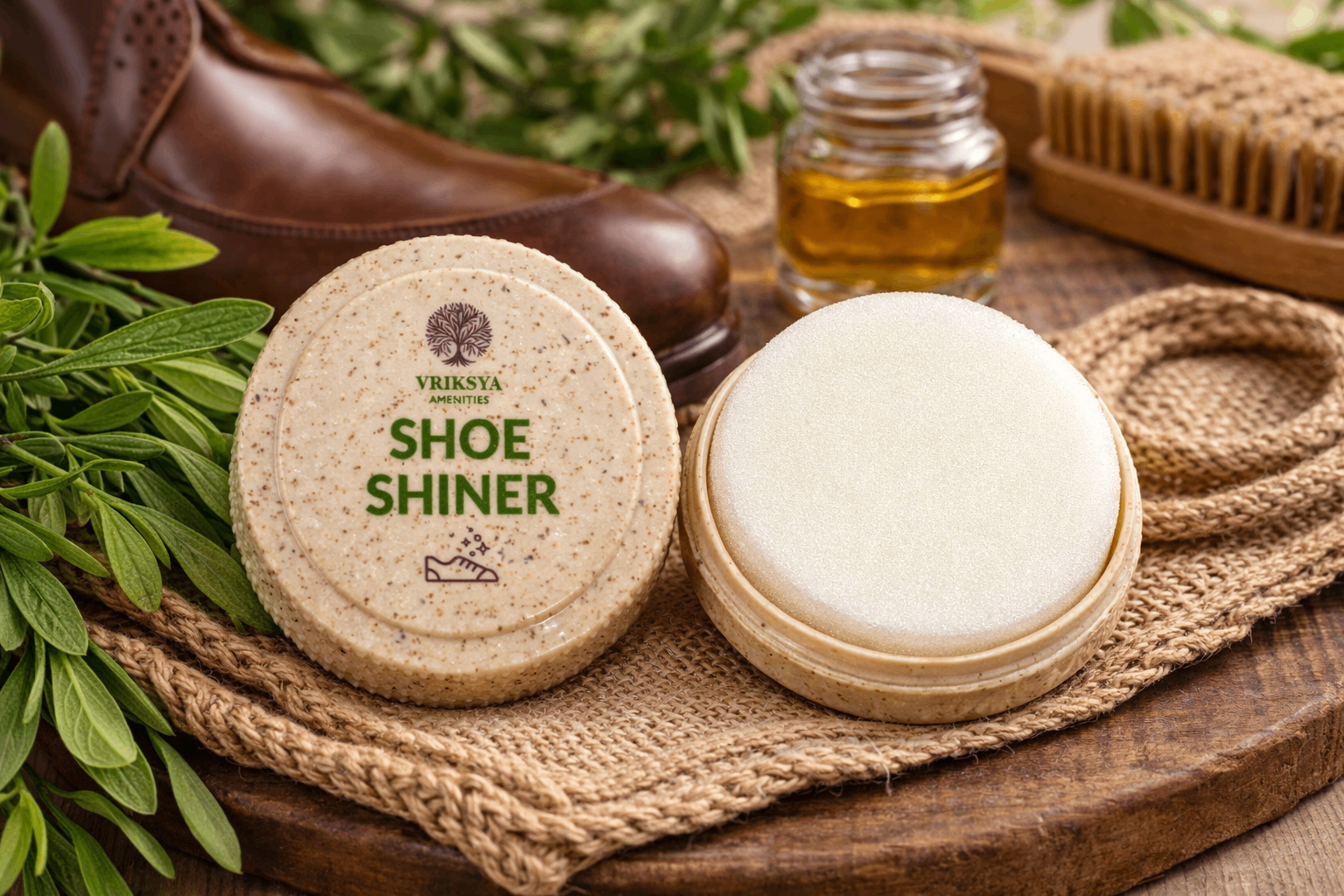 Two shoe shiners with a jar of oil and brush on a wooden surface with greenery.