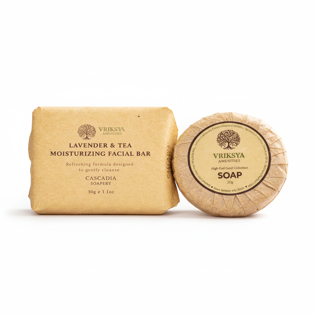 Two soap bars with 'Vriksha' branding on a woven mat with lavender and tea leaves.